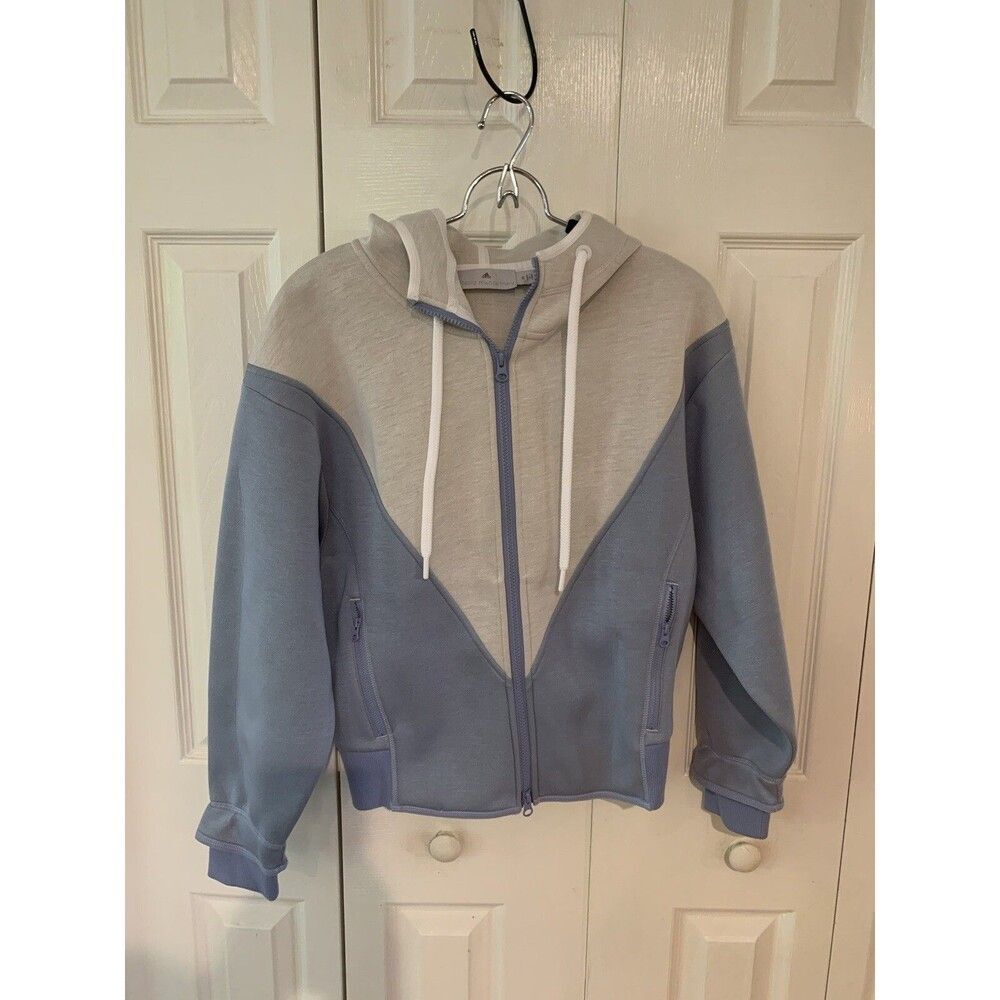 Adidas by Stella McCarthy "SAMPLE" Baby Blue & Off White Hoodie zip up Sz 36 EUC